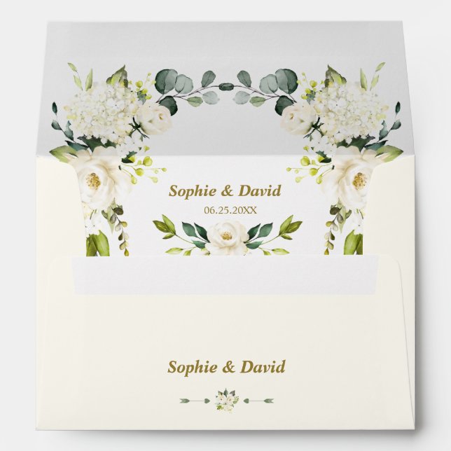 Charm White Cream Flowers Wedding Return Address Envelope (Back (Bottom))