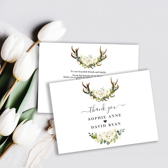 Charm White Cream Ivory Flowers Antlers Wedding Thank You Card (Creator Uploaded)