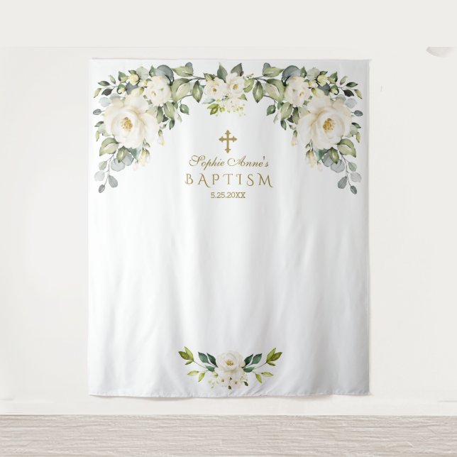 Charm White Floral Baptism Girl Photo Booth Prop Tapestry (Front)