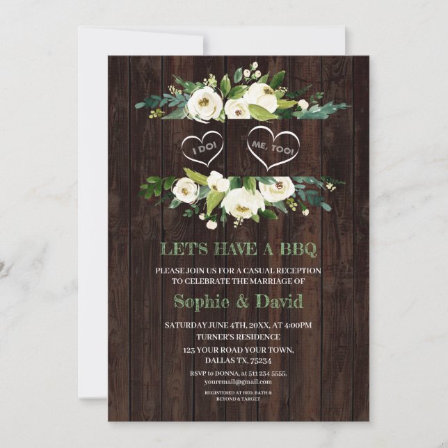 Charm White Floral Frame Barn I DO BBQ Invitation (Front)