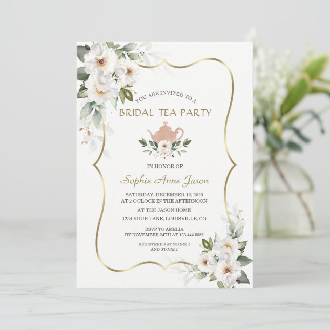 Charm White Floral Gold Bridal Shower Tea Party  Invitation (Standing Front)