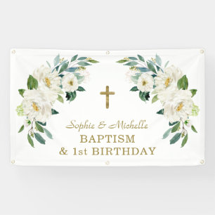 Charm White Floral Gold Cross Baptism Welcome Sign