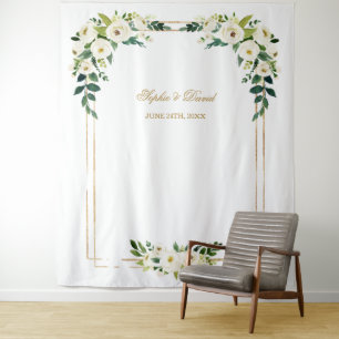 Charm White Floral Gold Frame Photo Booth Backdrop Tapestry