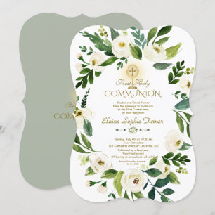 Charm White Floral Wreath Cross Holy Communion Invitation