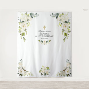 Charm White Flowers 1st Birthday Baptism Prop Tapestry