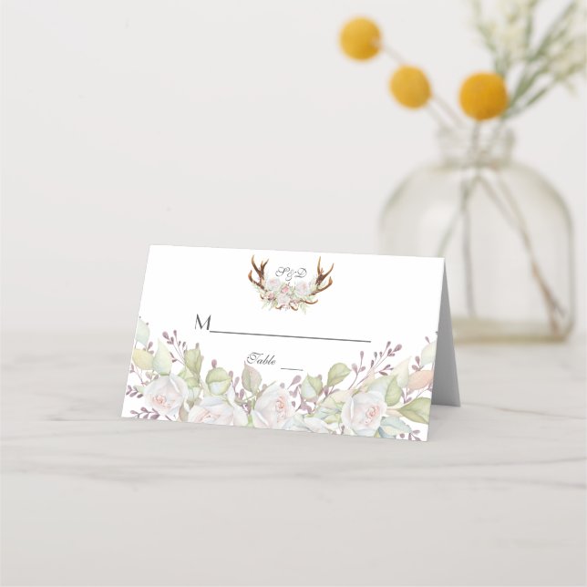 Charm White Flowers Antlers Wedding Table Number Place Card (Front)