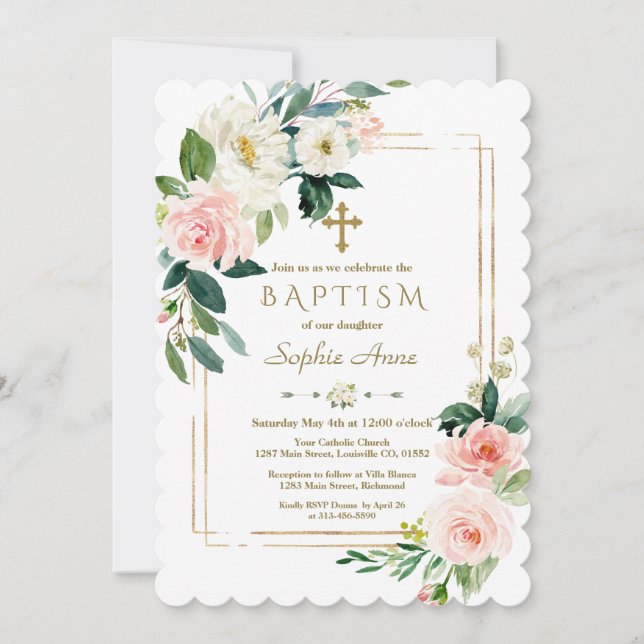 Charm White Flowers Bloom Gold Cross Baptism Invitation (Front)