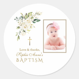 Charm White Flowers Girl Photo Baptism Classic Round Sticker