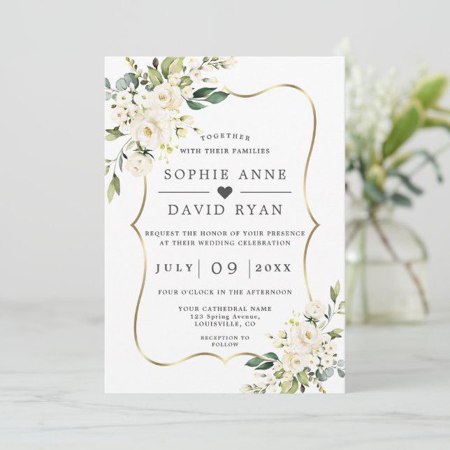 Charm White Flowers Gold All In One Wedding  Invitation (Standing Front)