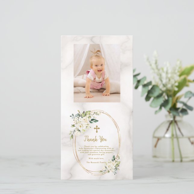 Charm White Flowers Gold Cross Photo Christening   Thank You Card (Standing Front)