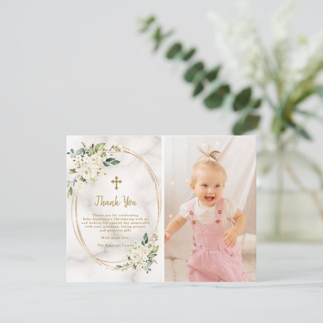 Charm White Flowers Gold Cross Photo Christening Thank You Card (Standing Front)