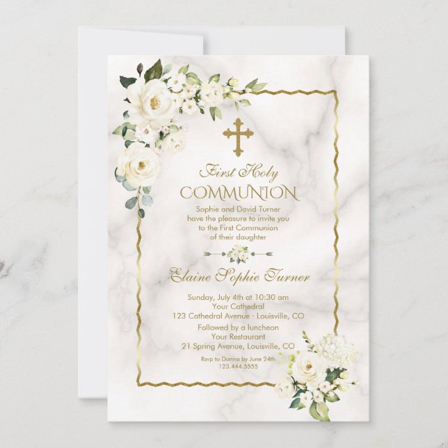 Charm White Flowers Gold First Holy Communion Invitation (Front)