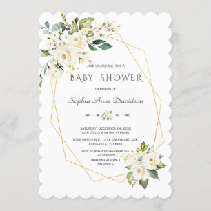 Charm White Flowers Gold Frame Baby Shower Invitation