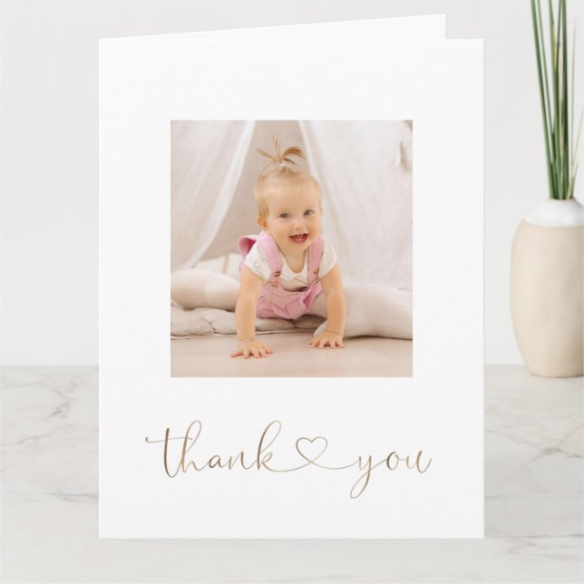 Charm White Flowers Gold Girl Photo Christening  Thank You Card (Front)