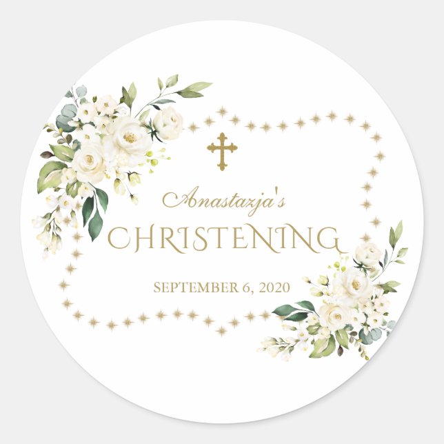 Charm White Flowers Gold Glitter Frame Christening Classic Round Sticker (Front)
