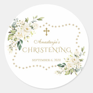 Charm White Flowers Gold Glitter Frame Christening Classic Round Sticker