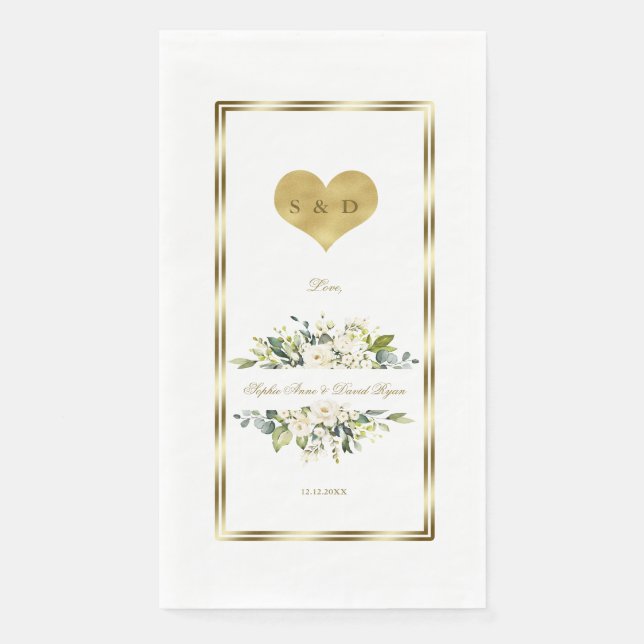 Charm White Flowers Gold Monogram Wedding Napkin (Front)