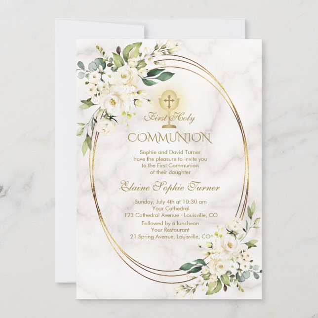Charm White Flowers Marble Gold Holy Communion Invitation (Front)