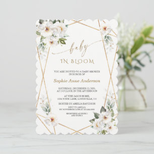 Charm White Flowers Rose Gold Baby in Bloom Invitation