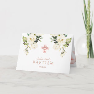 Charm White Flowers Rose Gold Cross Photo Baptism Card