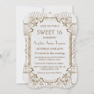 Charm White Gold Great Gatsby Art Deco Sweet 16 Invitation