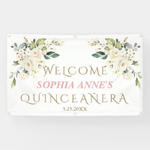 Charm White Ivory Floral Quinceañera Welcome Sign