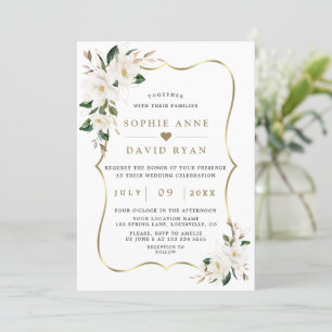 Charm White Magnolia Gold Floral Wedding  Invitation