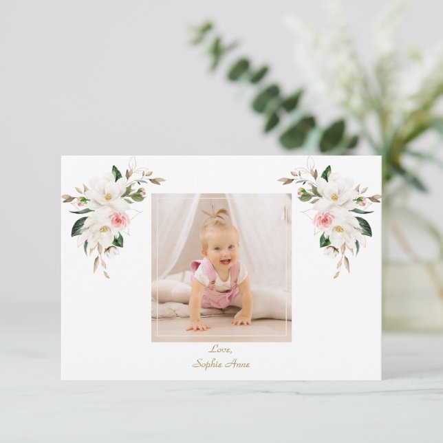 Charm White Magnolia Photo Girl Baptism Thank You Card (Standing Front)