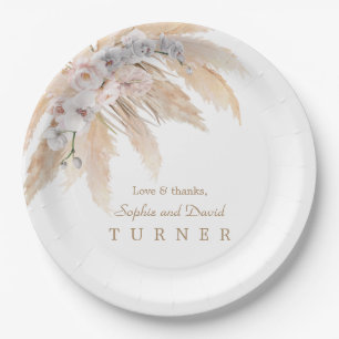 Charm White Orchid Blush Rose Pampas Grass Wedding Paper Plate