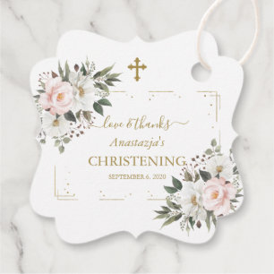Charm White Pink Floral Gold Confetti Christening  Favour Tags