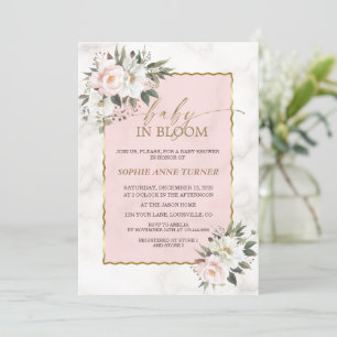 Charm White Pink Flowers Gold Baby in Bloom Invitation