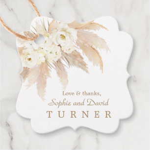 Charm White Roses Pampas Grass Gold Wedding Favour Tags