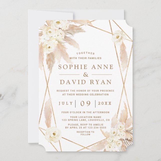 Charm White Roses Pampas Grass Gold Wedding Invitation (Front)