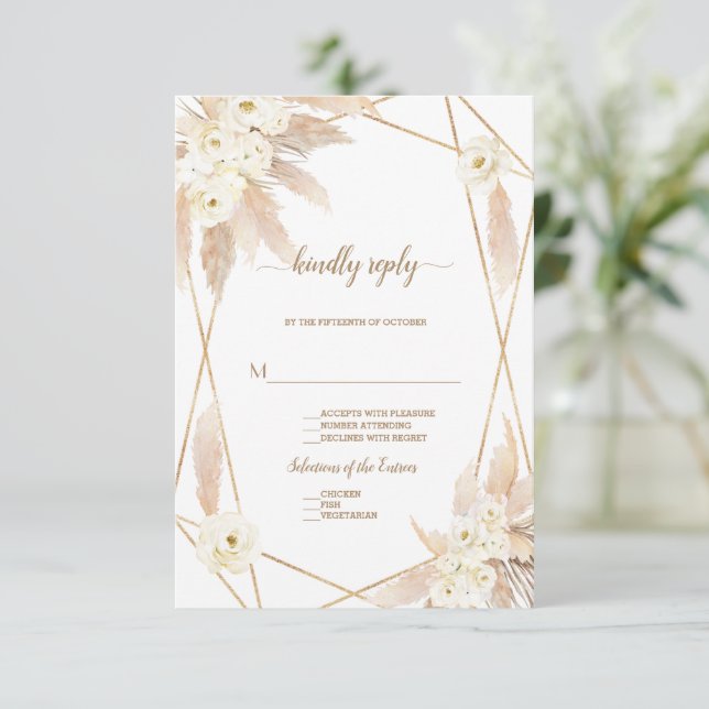 Charm White Roses Pampas Grass Gold Wedding RSVP Card (Standing Front)