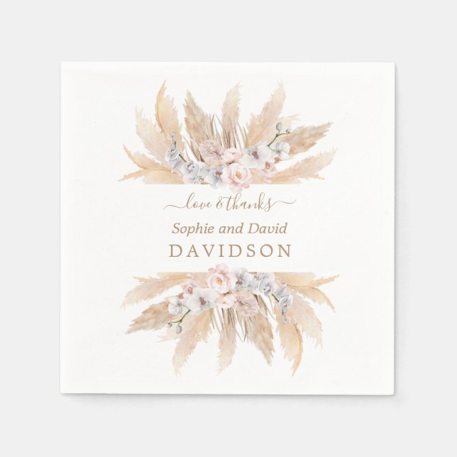 Charm White Roses Pampas Grass Wedding Napkins (Front)