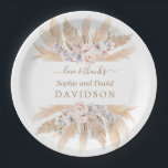 Charm White Roses Pampas Grass Wedding  Paper Plate<br><div class="desc">Unique and elegant design featuring watercolour pink blush roses,  white orchid,  desert pampas grass dried leaves,  on a white background. Use Personalise tool to add your info. For matching items,  please,  visit my Pampas Grass Floral Collection.</div>