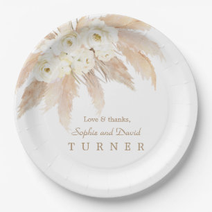 Charm White Roses Pampas Grass Wedding Paper Plate