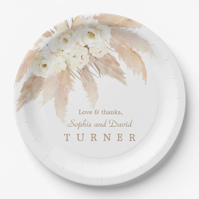 Charm White Roses Pampas Grass Wedding Paper Plate (Front)