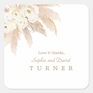 Charm White Roses Pampas Grass Wedding Square Sticker
