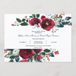 Charm Winter Burgundy Floral Pine Frame Wedding Invitation