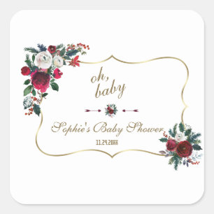 Charm Winter Burgundy Floral Pine Gold BABY SHOWER Square Sticker