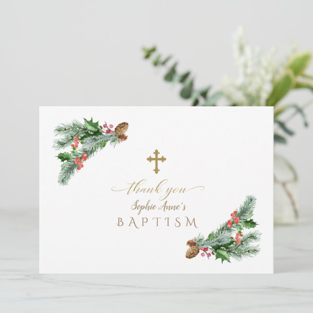 Charm Winter Holidays Arrangement Baptism Thank You Card (Standing Front)