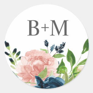 Charmed Pink and Midnight Blue Watercolor Floral Classic Round Sticker