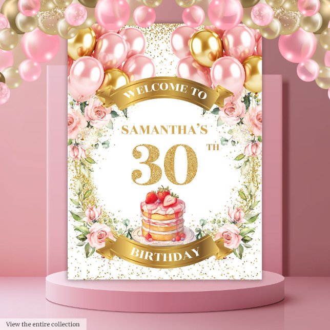 Charming 30th Birthday Blush Gold Banner Tapestry (Charming 30th Birthday Blush Gold Banner)