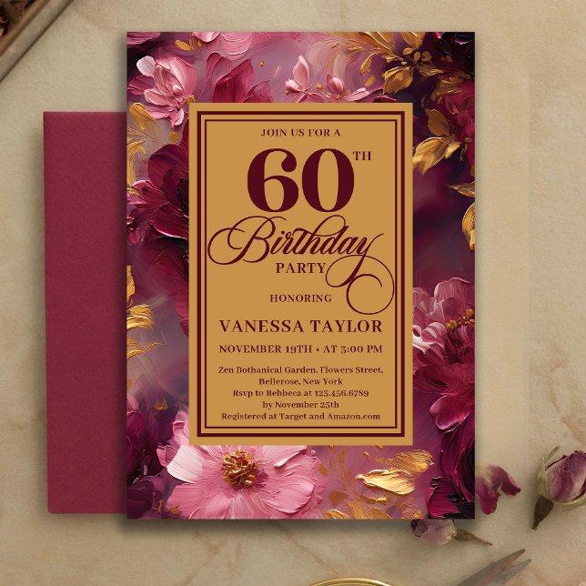 Charming 60th Birthday Burgundy Roses Gold Invite (Charming 60th Birthday Burgundy Roses Gold Invitation)