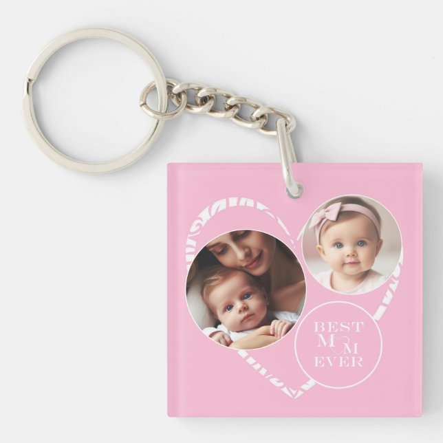 Charming 6-Photo "Best Mum Ever" Pink, White Heart Key Ring (Front)