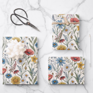 Charming Abstract Wildflowers Blue Pink Yellow Wrapping Paper Sheet