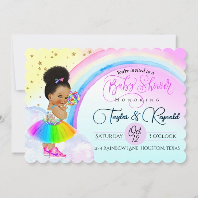 Charming Afro Puff Baby Girl Rainbow Baby Shower Invitation (Front)