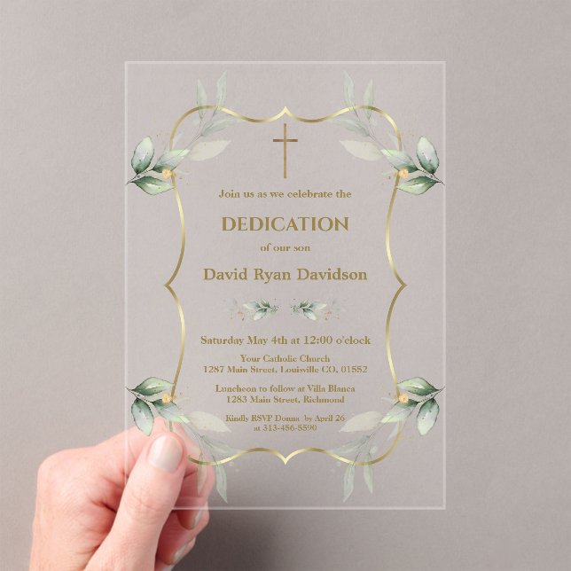 Charming Airy Greenery Gold Cross Dedication  Acrylic Invitations (Insitu (Handheld))