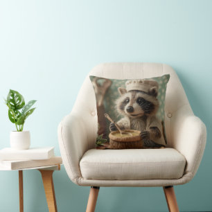 Charming and Cute Raccoon Chef Stirring a Bowl Cushion